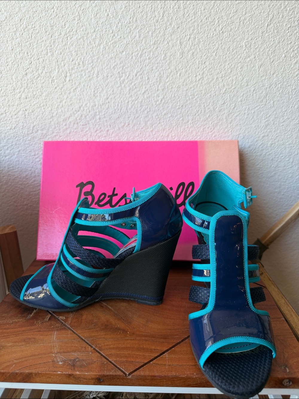 Betsey Johnson Teal and Navy Strappy Wedge Sandals